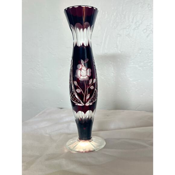 Vintage Ruby Cut Glass Bud Vase Floral Etched Crystal 8” Tall - Picture 3 of 10